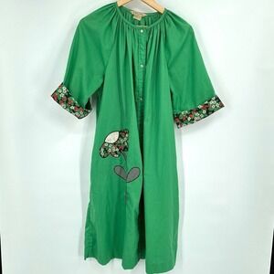 Vintage 70s‎ Green House Dress L Strawberry Floral  Whimsical Mod Granny Hippie